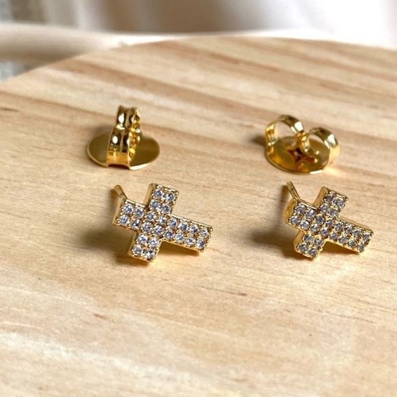 Gold Filled CZ Tiny Cross Studs - Picture 5 of 7